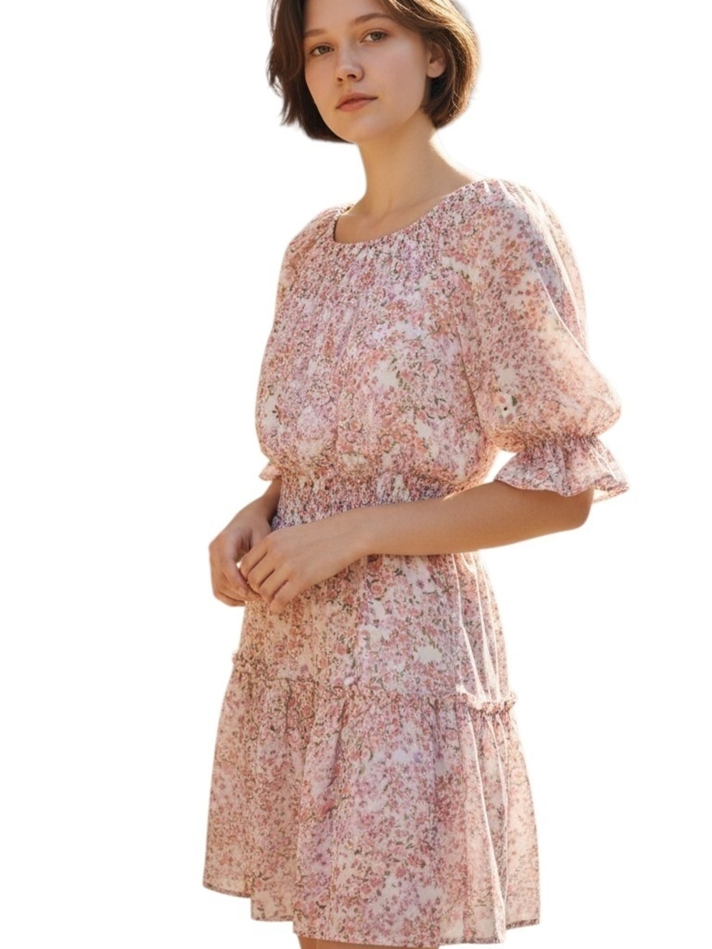 Vici Pink Floral Smocked Puff-Sleeve Mini Dress M Off The Shoulder Boho Romantic
